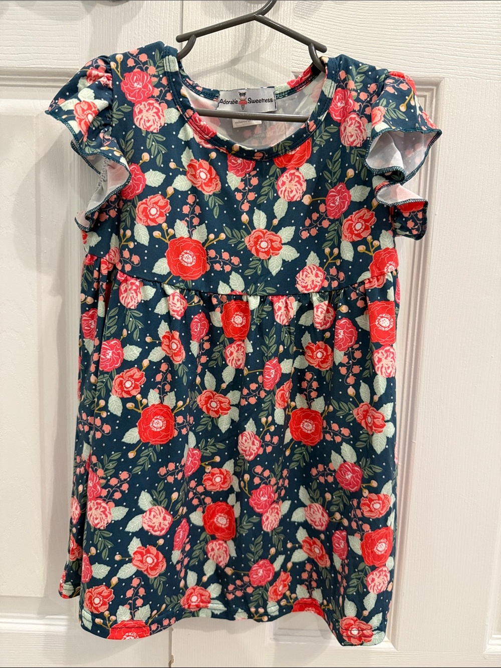 Adorable Sweetness Girls Navy Floral Ruffle Sleeve Top - Pink & Red Flowers